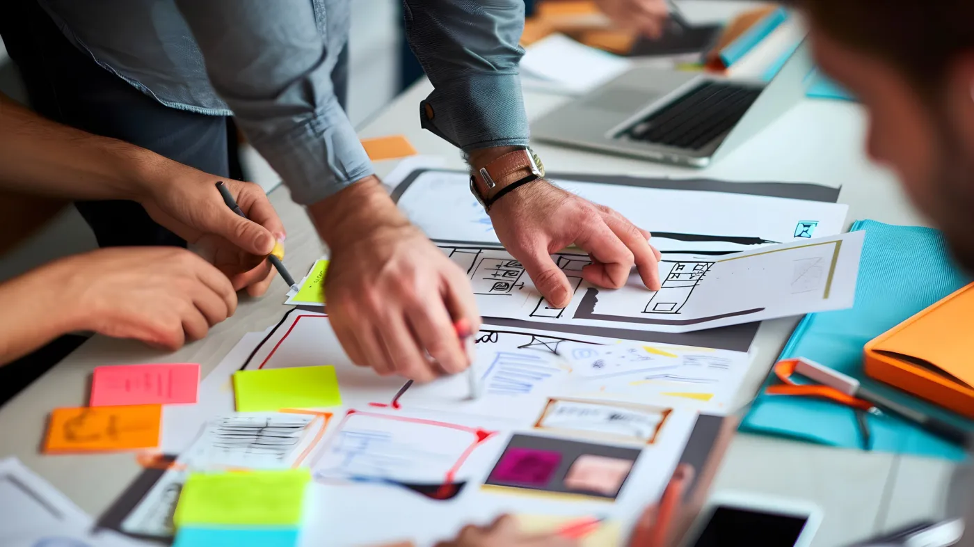 Team skizziert Wireframes und UI-Konzepte (KI-generiert)