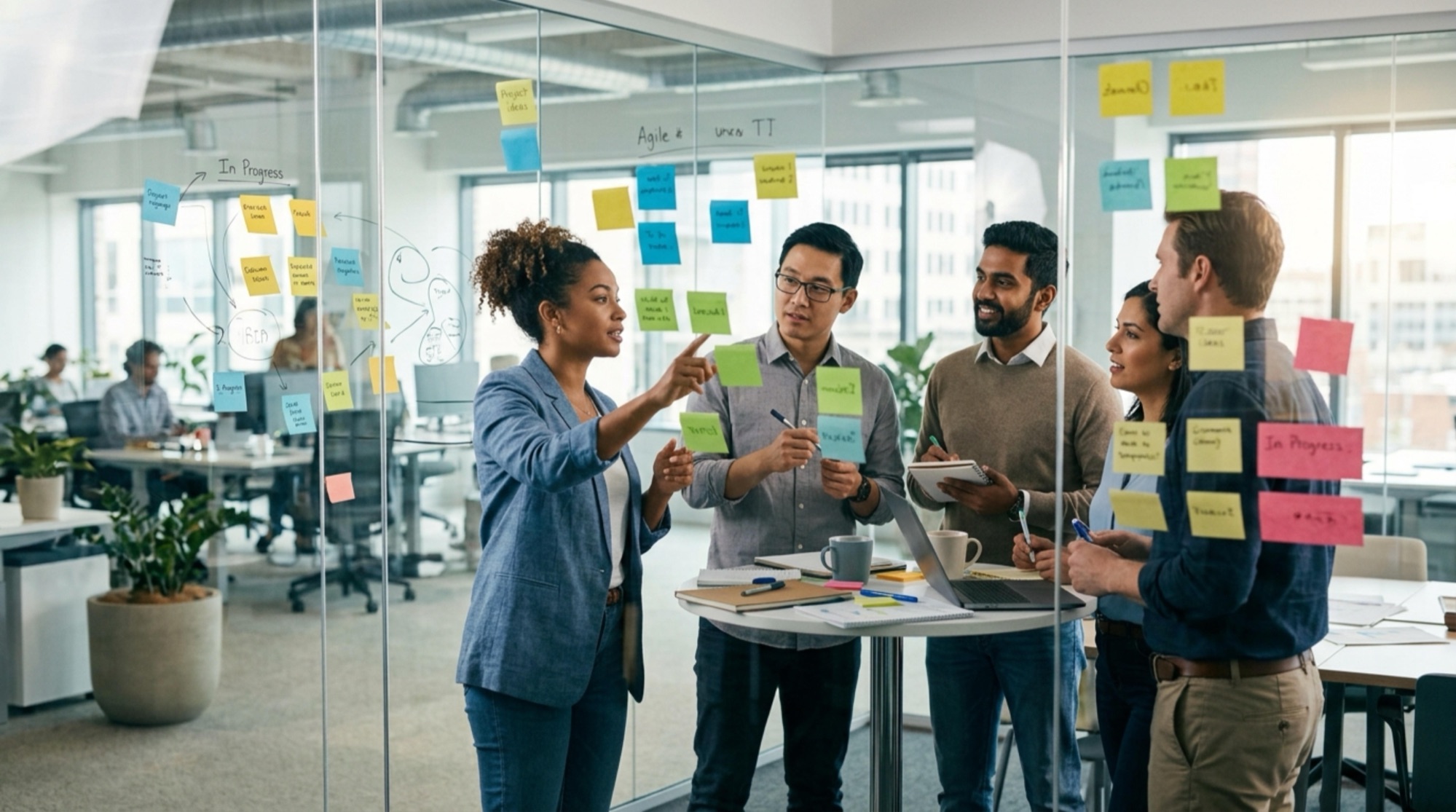 Team bei der gemeinsamen Projektarbeit im Büro (KI-generiert)